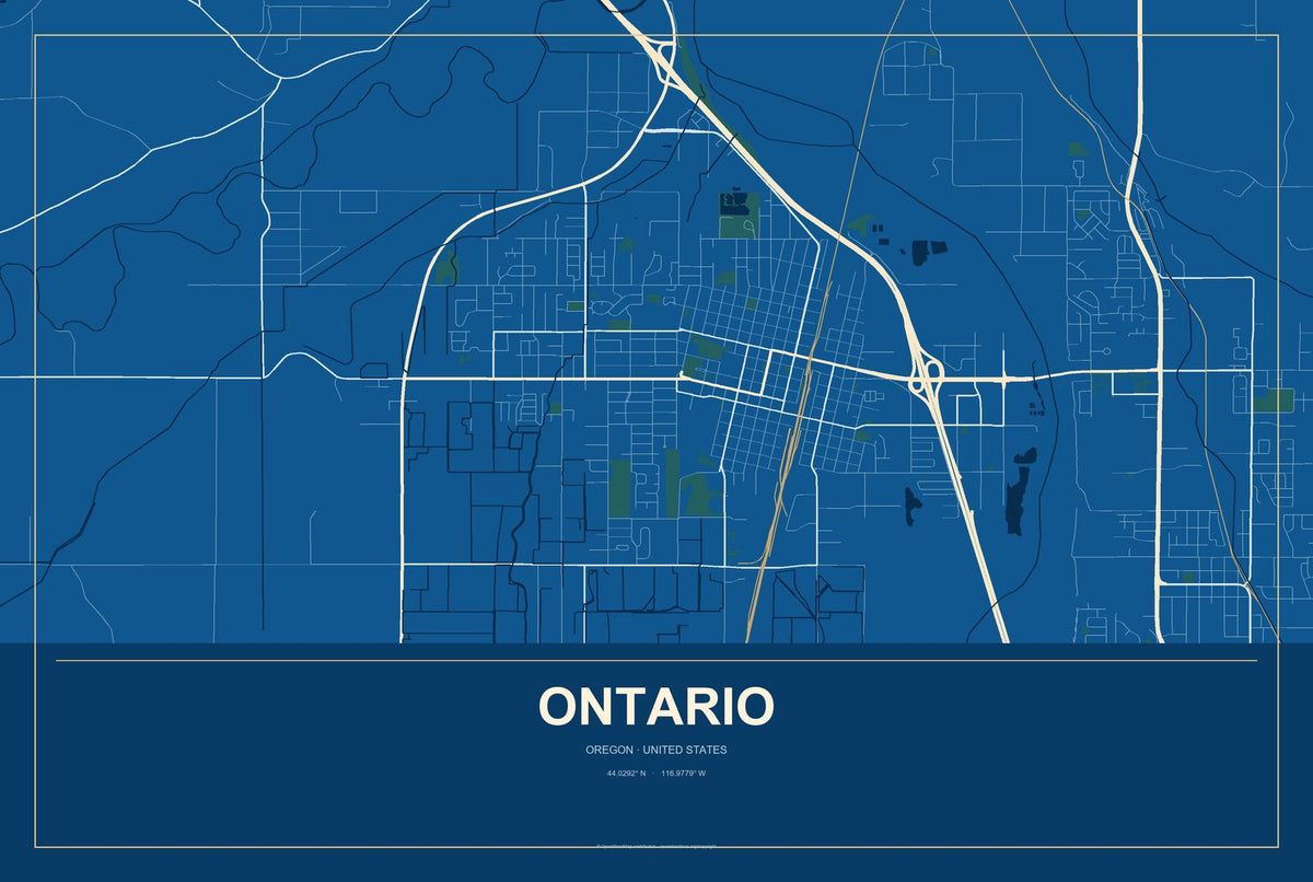 Ontario, Oregon City Map Aluminum Sign in Harbor Cobalt style
