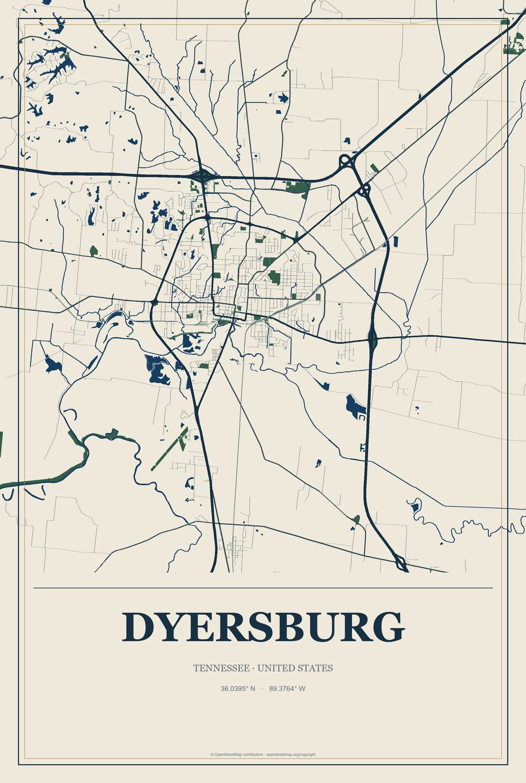 Dyersburg, Tennessee City Map Aluminum Sign in Coastal Cutout style