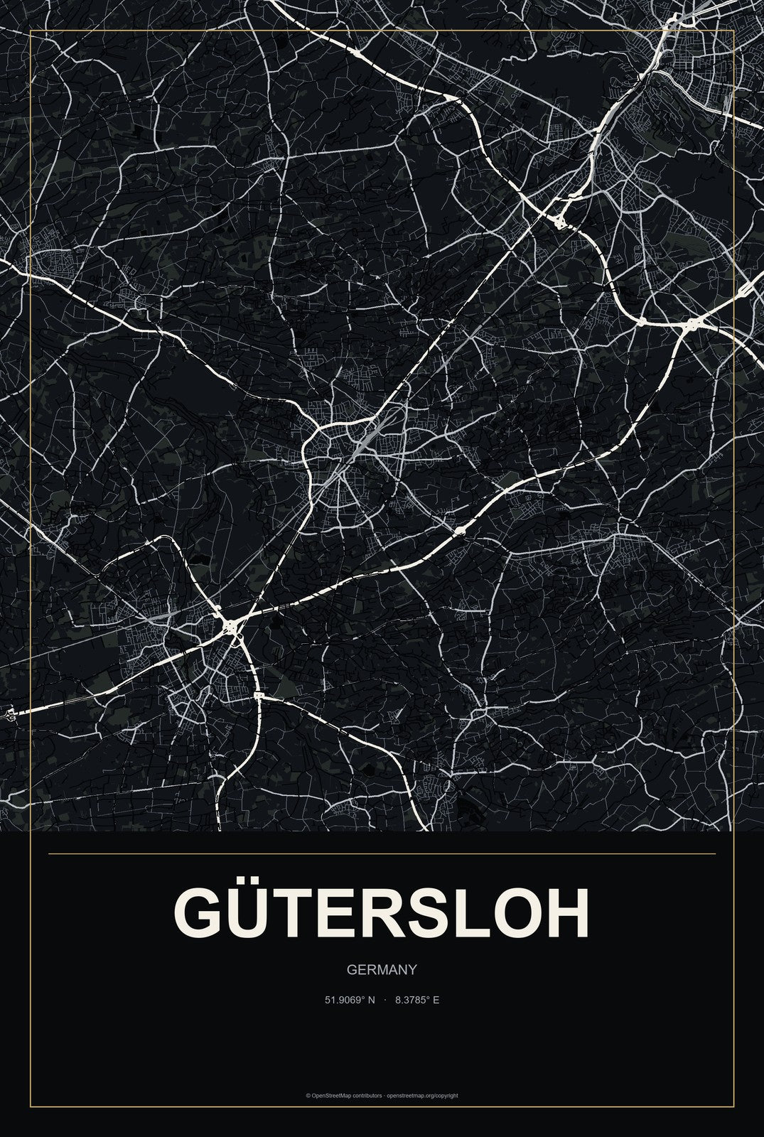Gütersloh, Germany City Map Aluminum Sign in Metropolitan Noir style