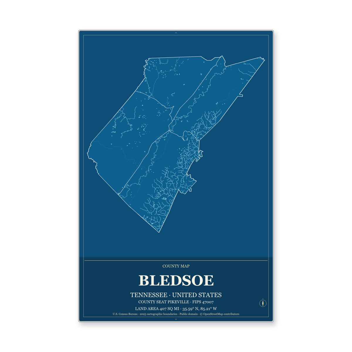 Bledsoe County, Tennessee Map Aluminum Sign in Harbor Cobalt style