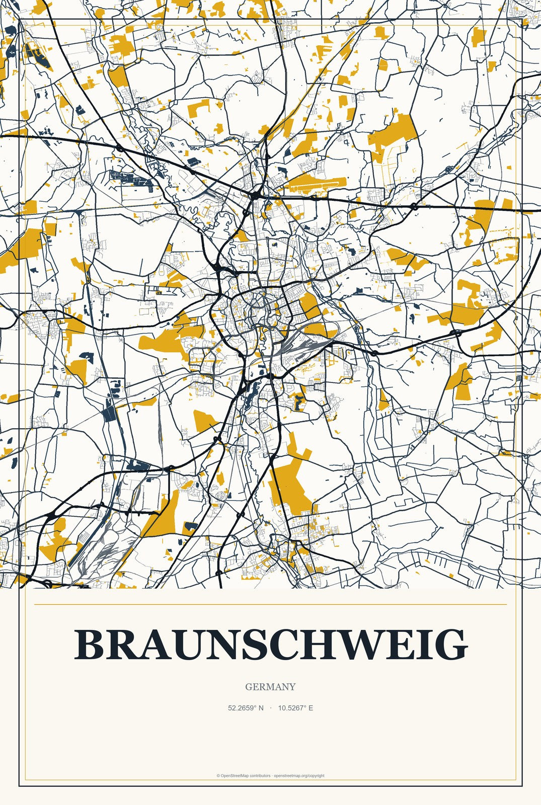 Braunschweig, Germany City Map Aluminum Sign in Citrine Modern style