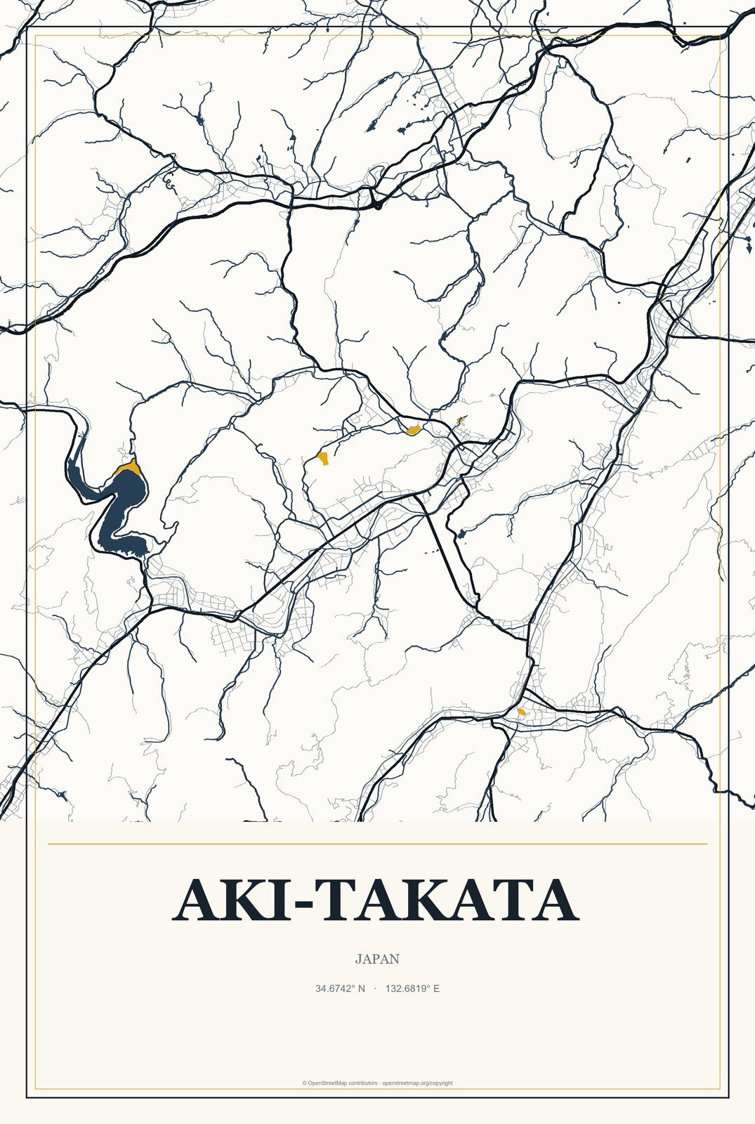 Aki-takata, Japan City Map Aluminum Sign in Citrine Modern style