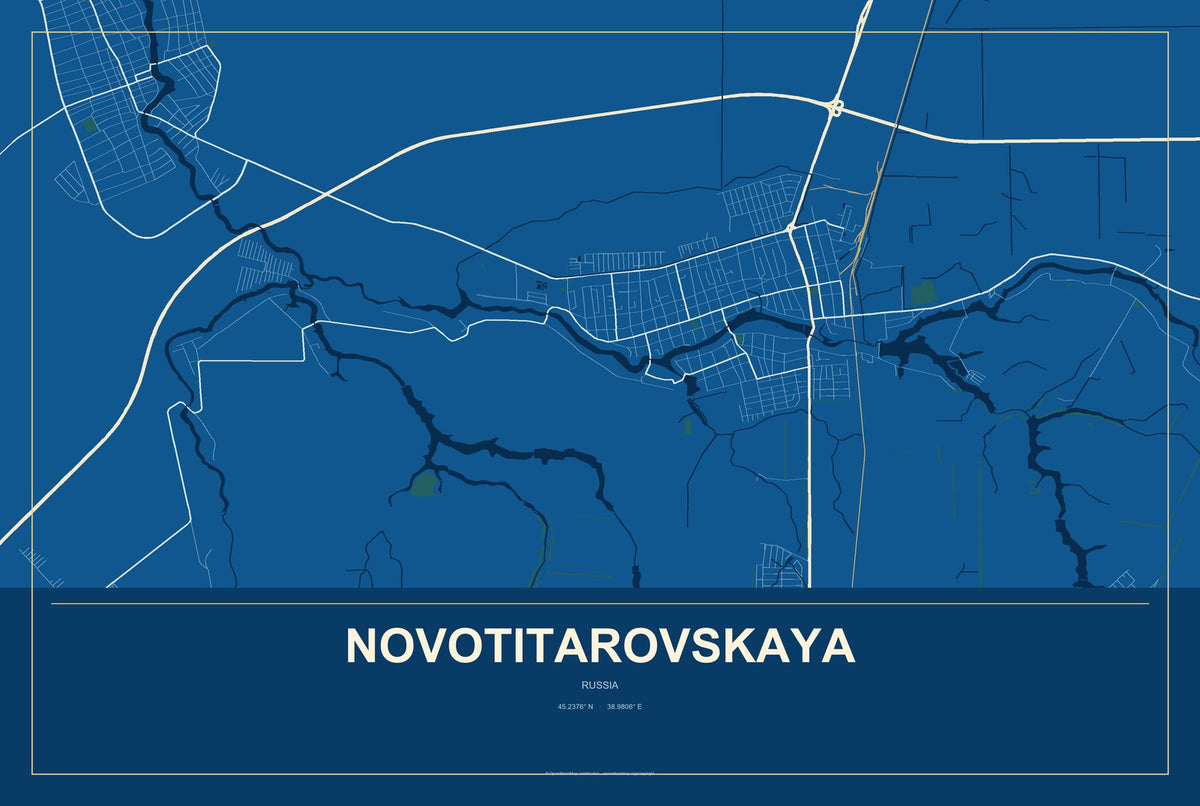 Novotitarovskaya, Russia City Map Aluminum Sign in Harbor Cobalt style