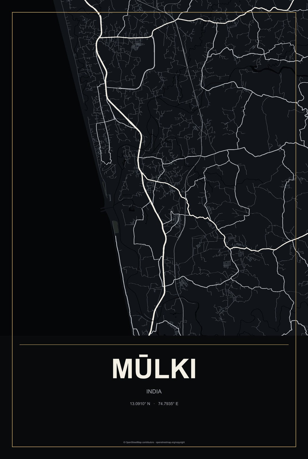 Mūlki, India City Map Aluminum Sign in Metropolitan Noir style