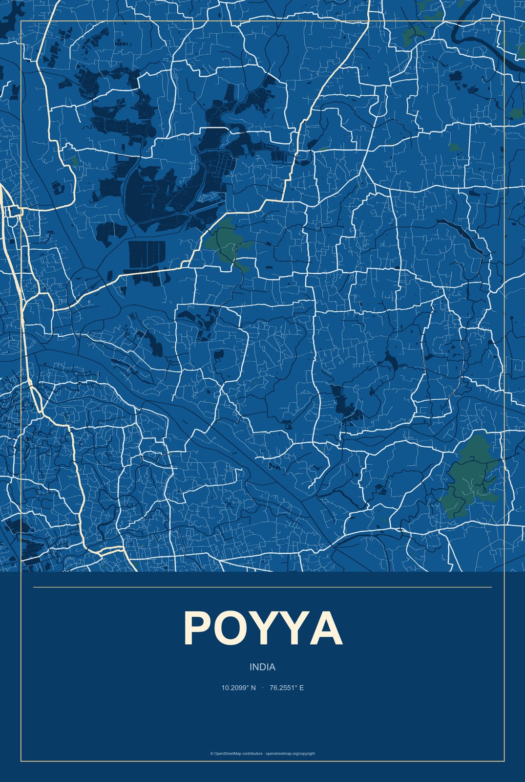 Poyya, India City Map Aluminum Sign in Harbor Cobalt style