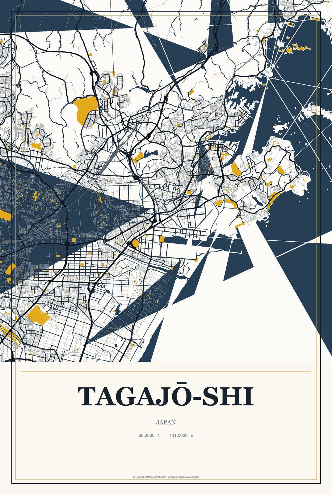 Tagajō-shi, Japan City Map Aluminum Sign in Citrine Modern style