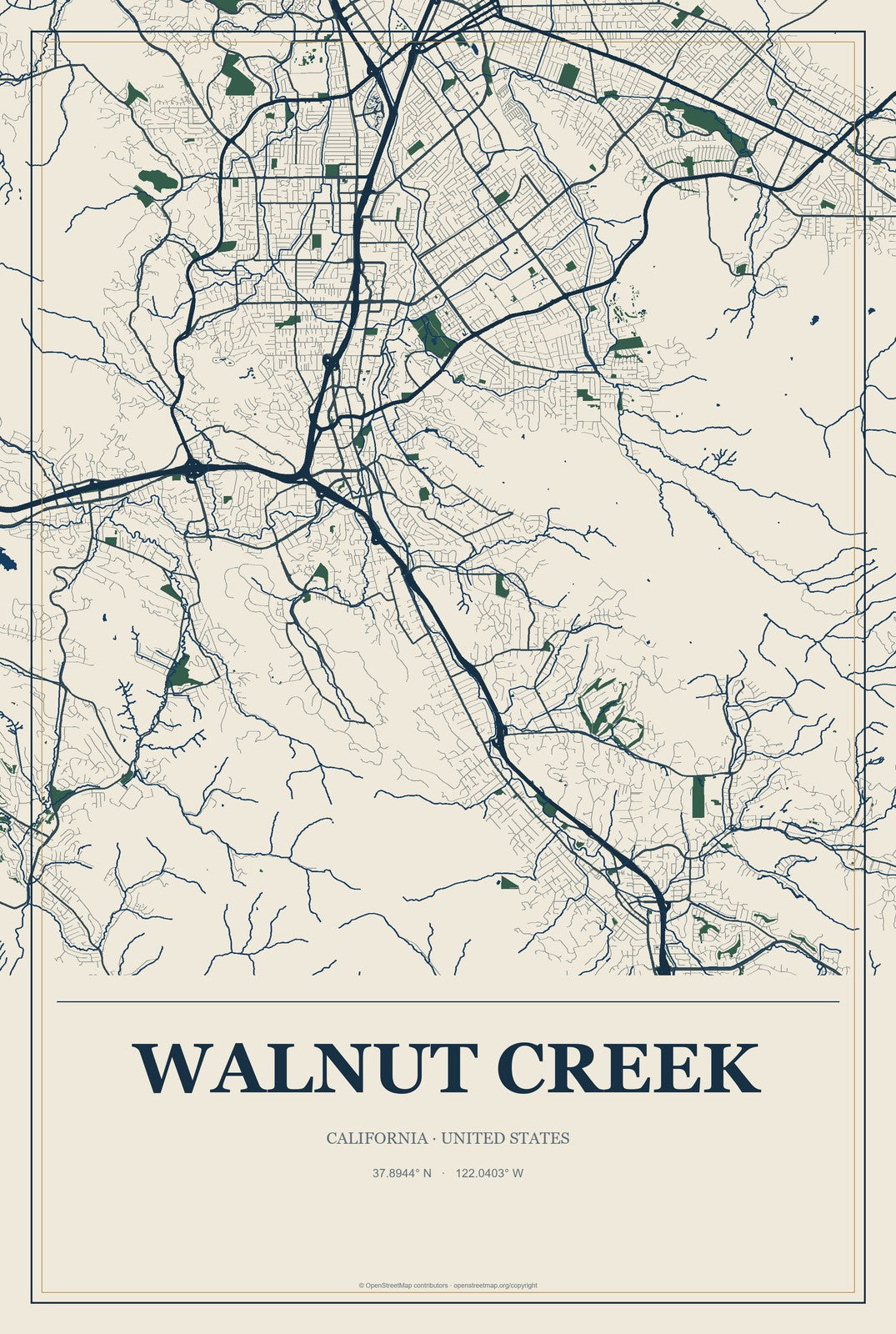Walnut Creek, California City Map Aluminum Sign in Coastal Cutout style