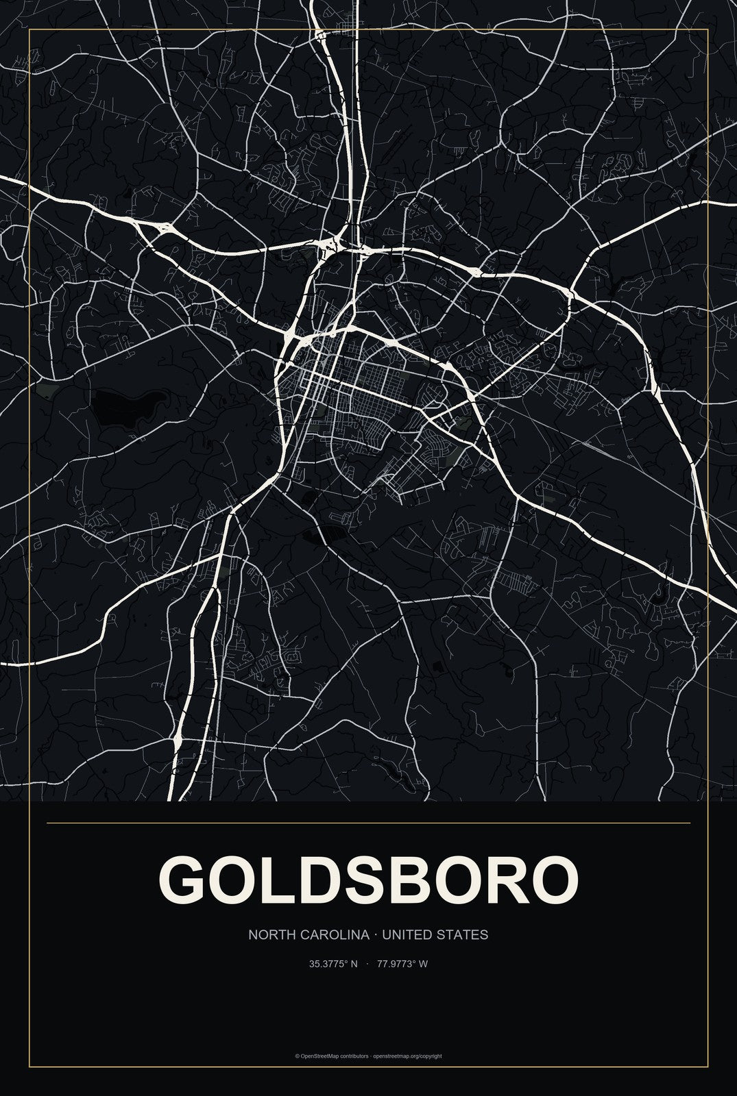 Goldsboro, North Carolina City Map Aluminum Sign in Metropolitan Noir style
