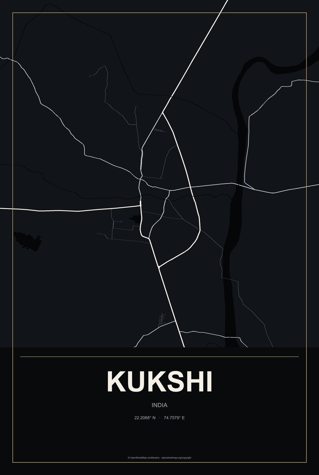 Kukshi, India City Map Aluminum Sign in Metropolitan Noir style