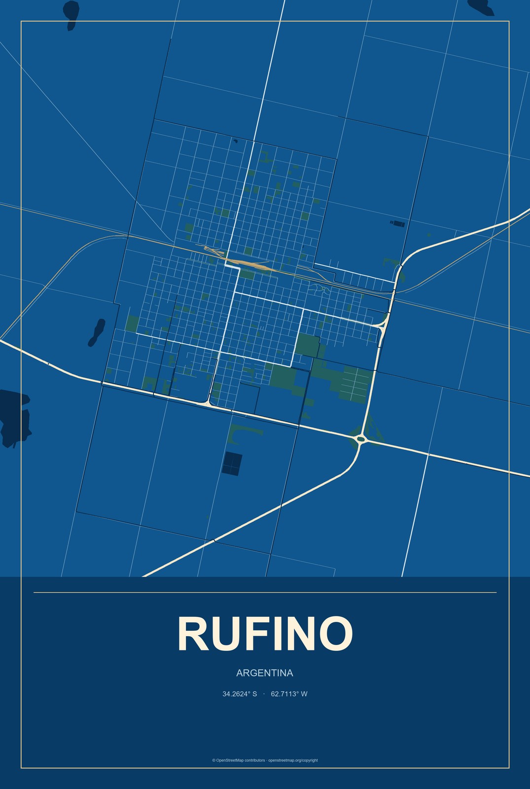 Rufino, Argentina City Map Aluminum Sign in Harbor Cobalt style
