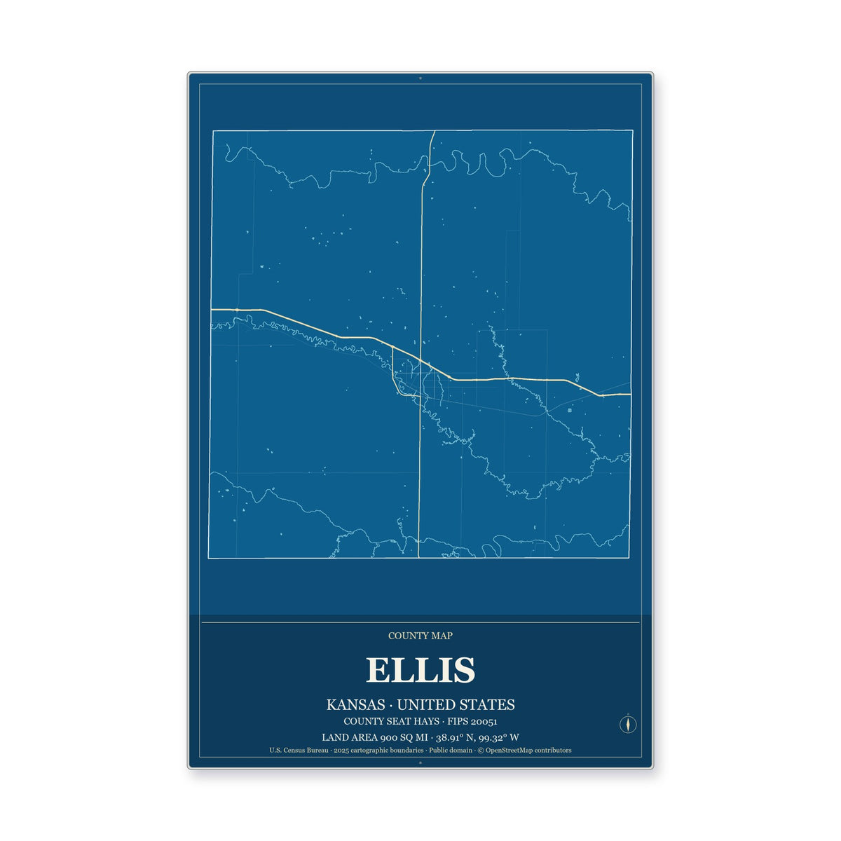 Ellis County, Kansas Map Aluminum Sign in Harbor Cobalt style