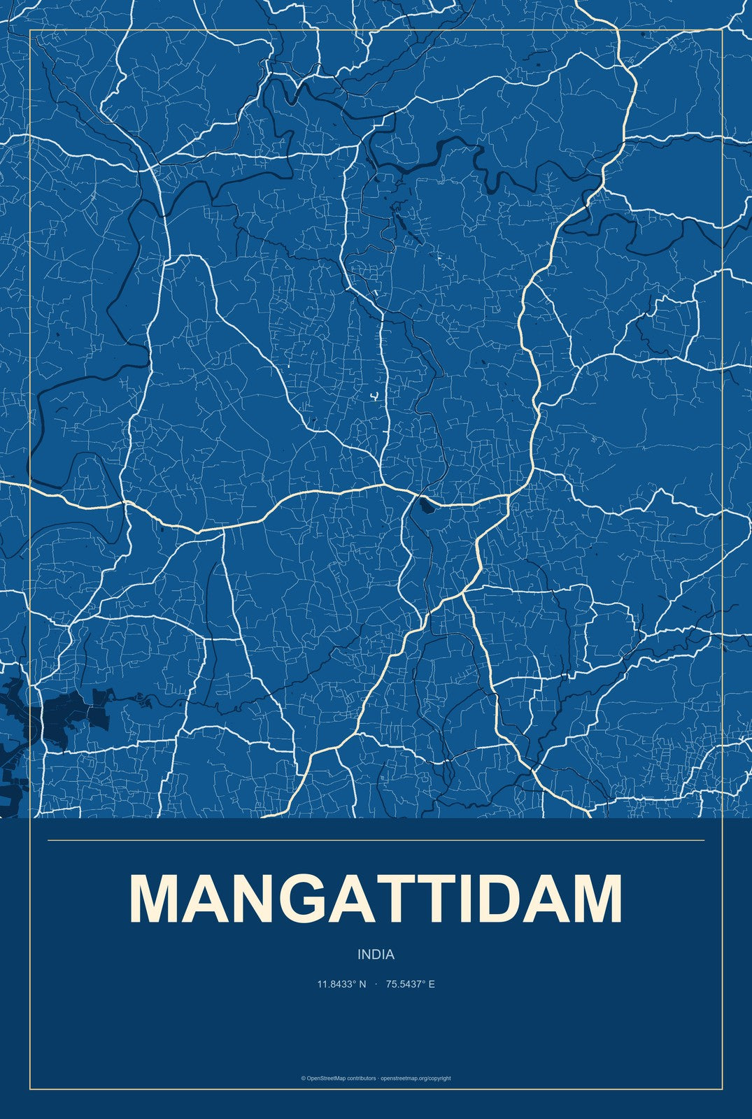 Mangattidam, India City Map Aluminum Sign in Harbor Cobalt style
