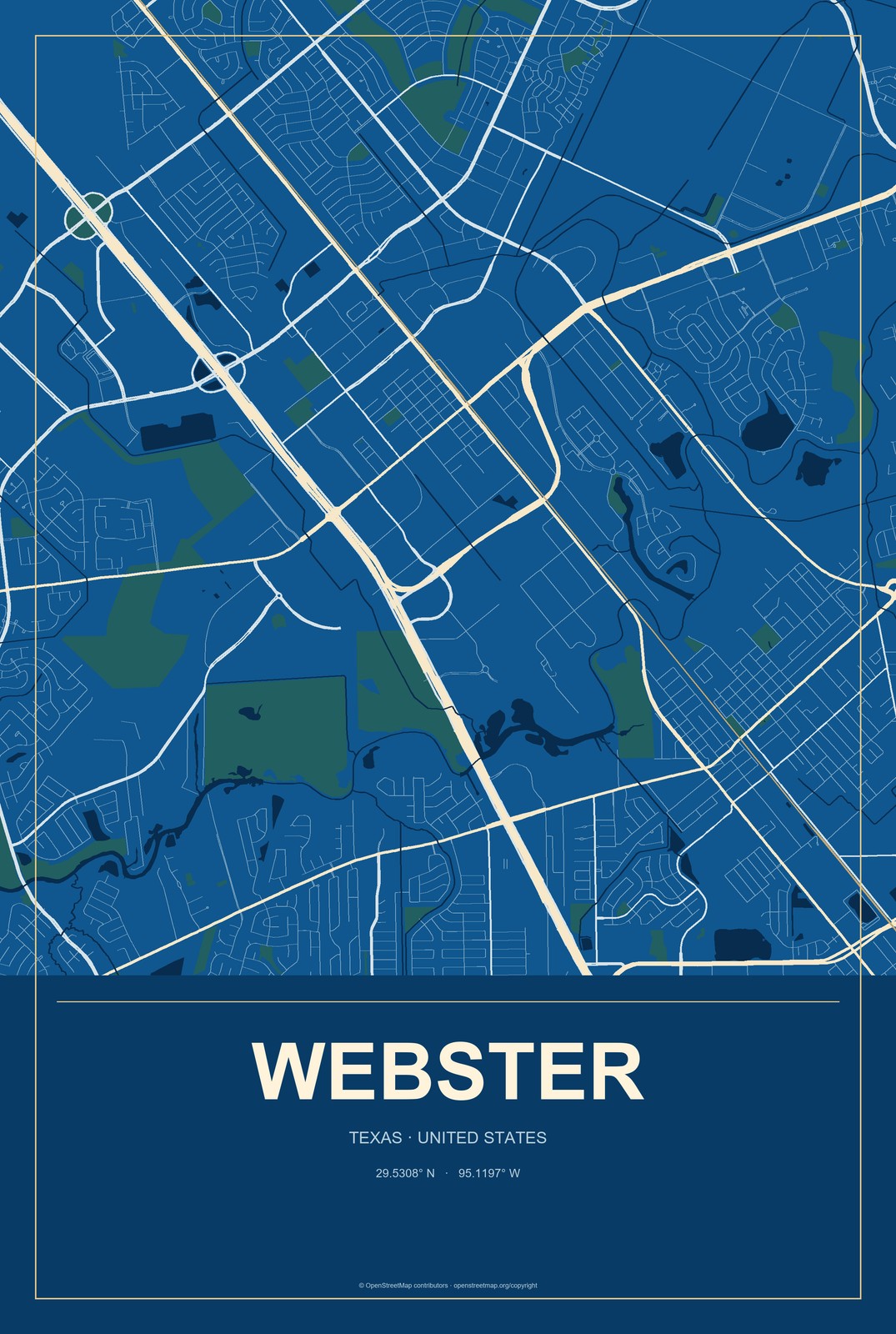Webster, Texas City Map Aluminum Sign in Harbor Cobalt style