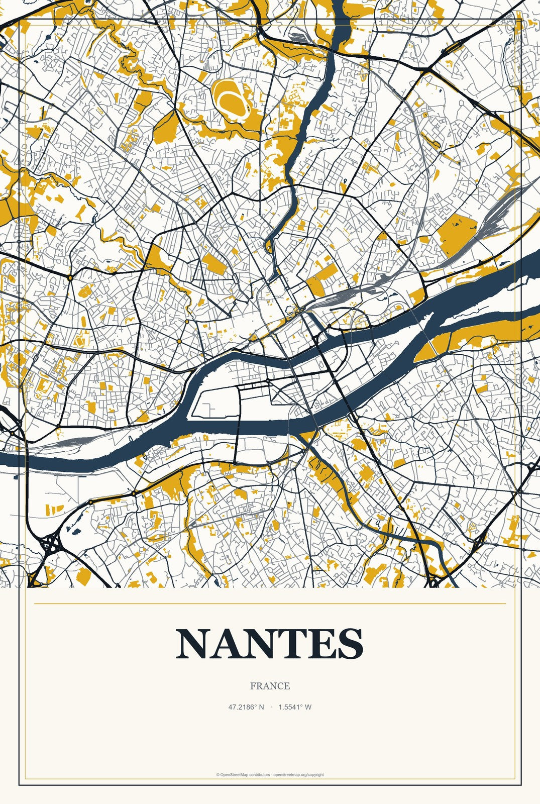 Nantes, France City Map Aluminum Sign in Citrine Modern style