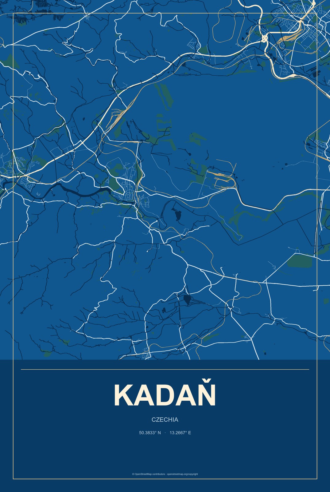 Kadaň, Czechia City Map Aluminum Sign in Harbor Cobalt style