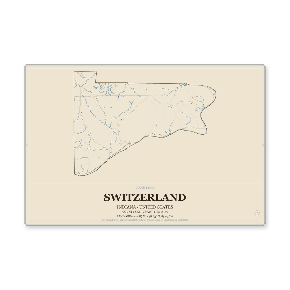 Switzerland County, Indiana Map Aluminum Sign in Heritage Nautical style