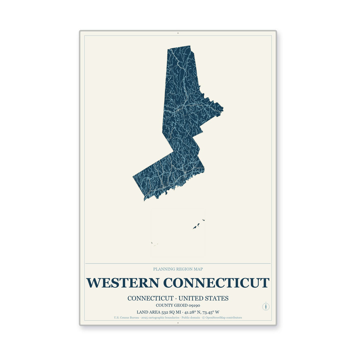 Western Connecticut Planning Region, Connecticut Map Aluminum Sign in Coastal Cutout style