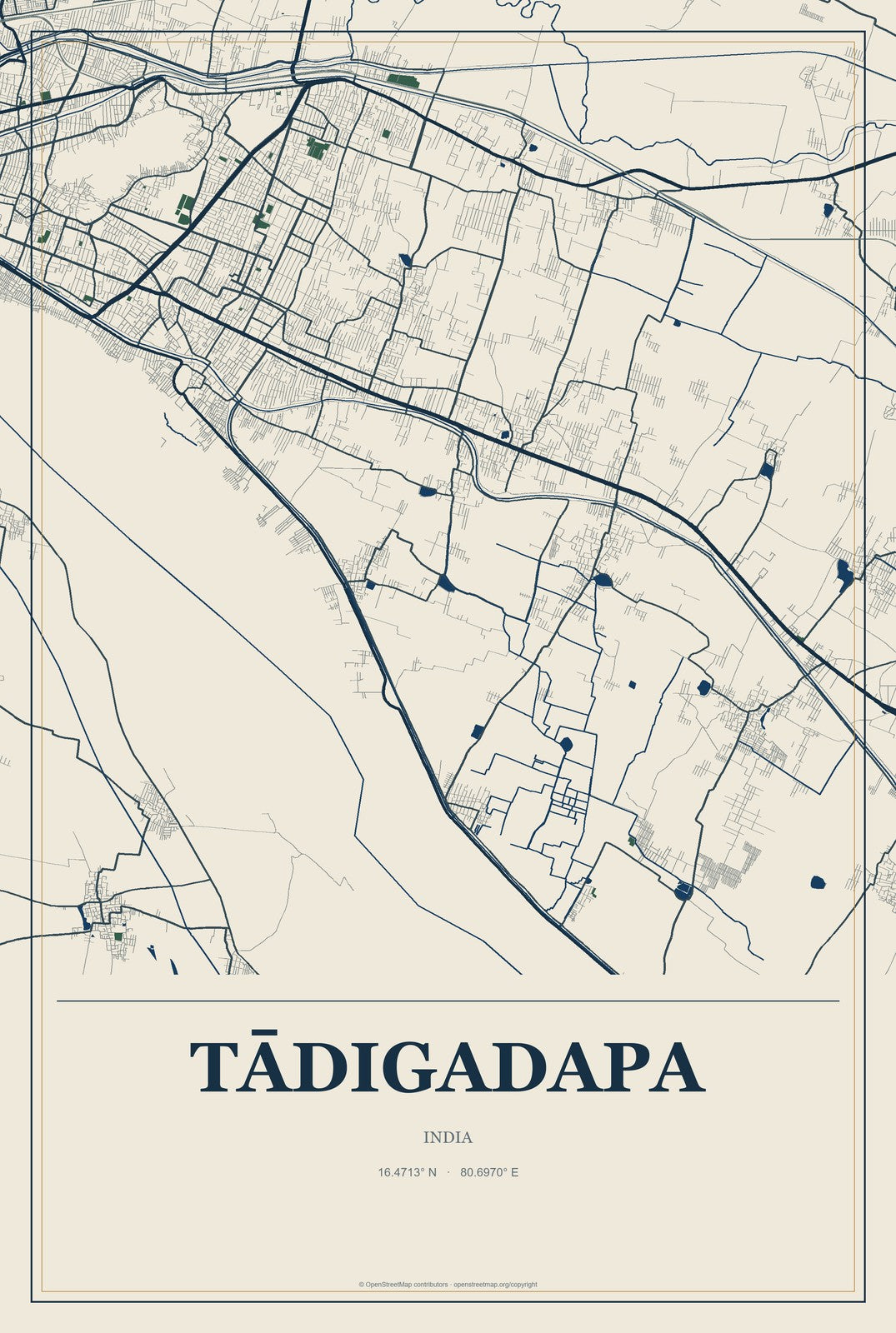Tādigadapa, India City Map Aluminum Sign in Coastal Cutout style
