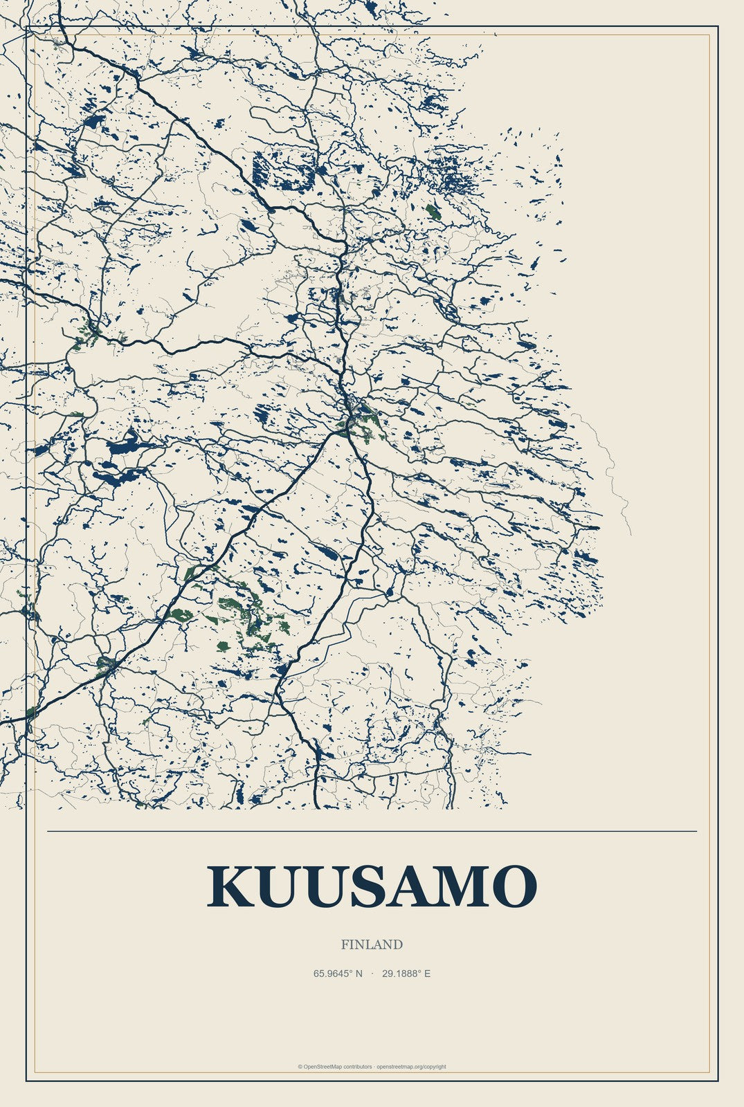 Kuusamo, Finland City Map Aluminum Sign in Coastal Cutout style