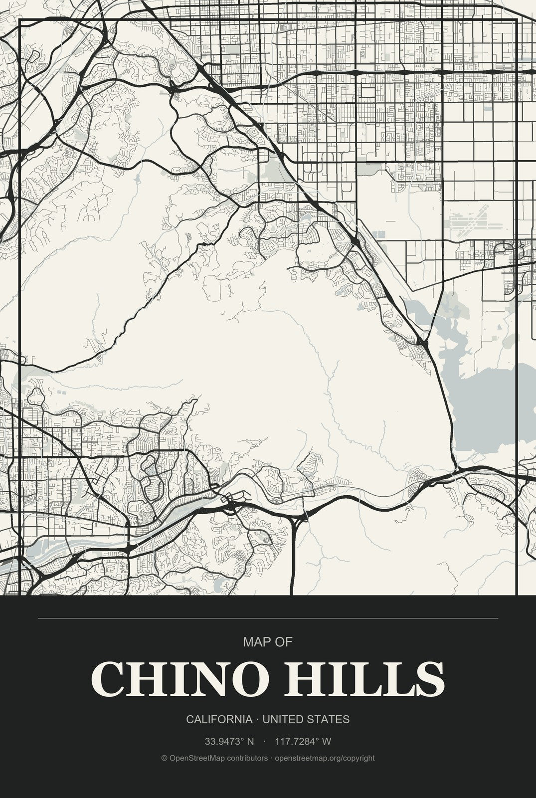 Chino Hills, California City Map Aluminum Sign in Museum Plaque style