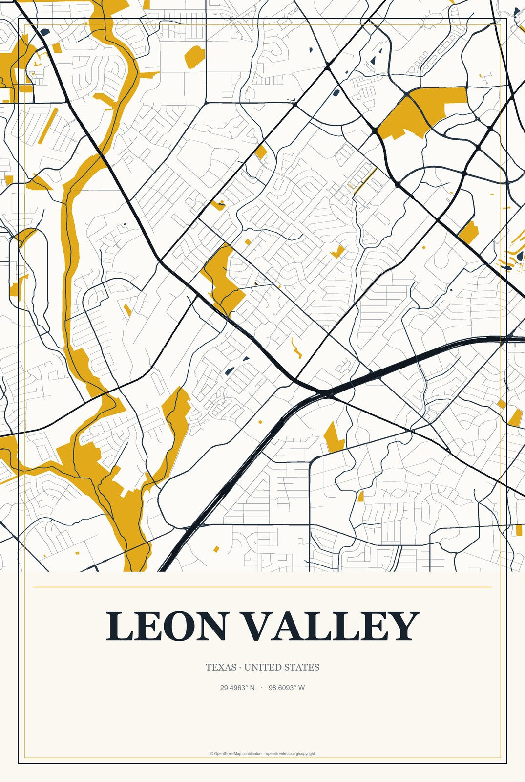 Leon Valley, Texas City Map Aluminum Sign in Citrine Modern style