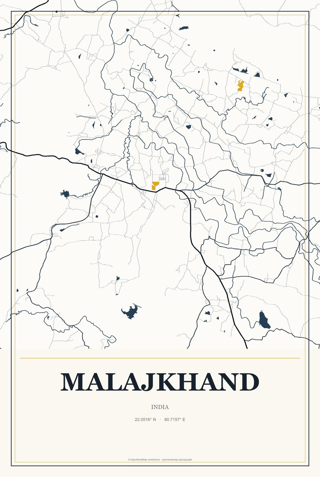 Malajkhand, India City Map Aluminum Sign in Citrine Modern style