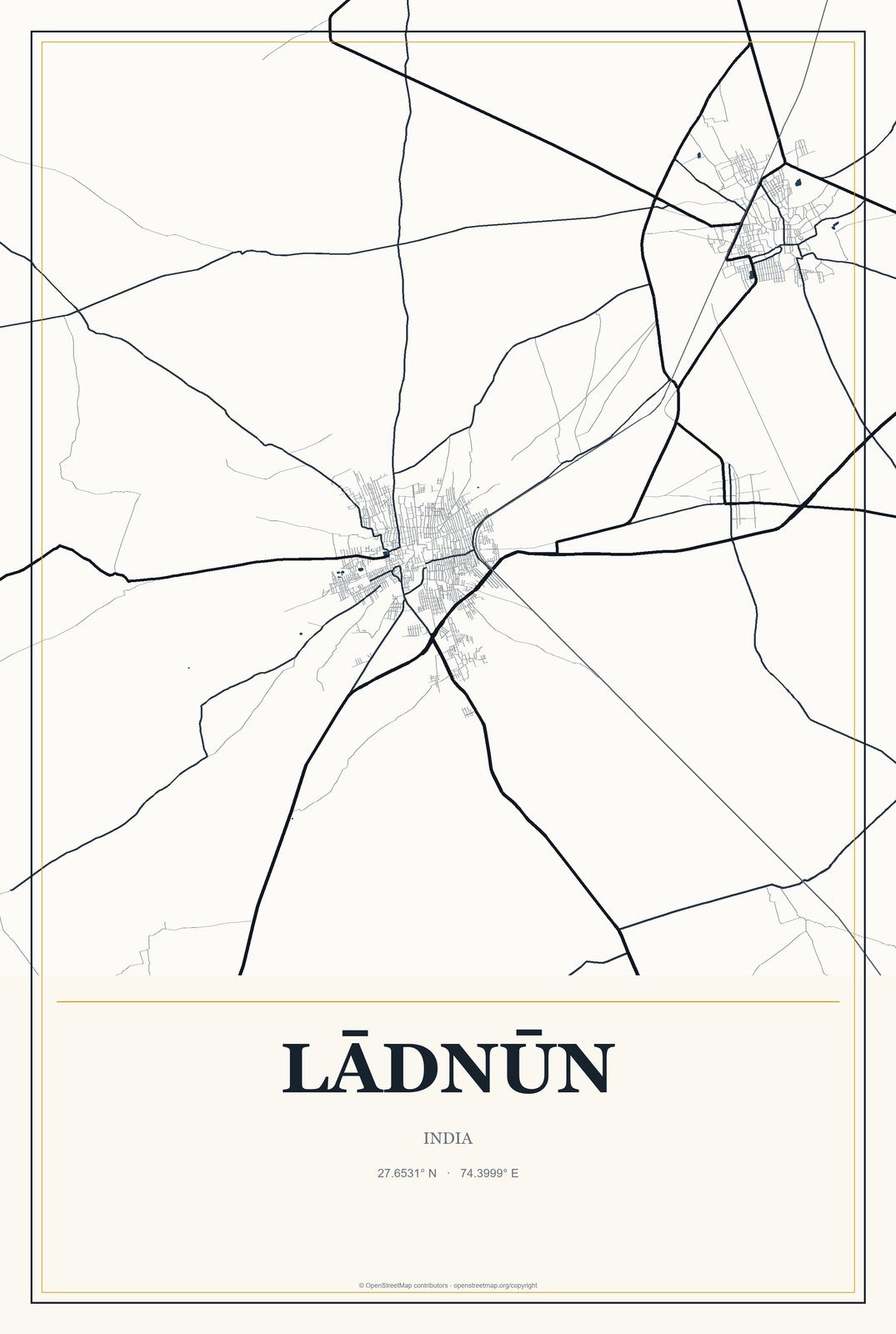 Lādnūn, India City Map Aluminum Sign in Citrine Modern style