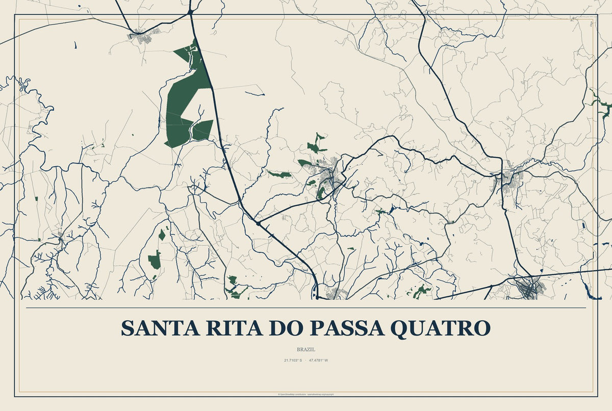 Santa Rita do Passa Quatro, Brazil City Map Aluminum Sign in Coastal Cutout style