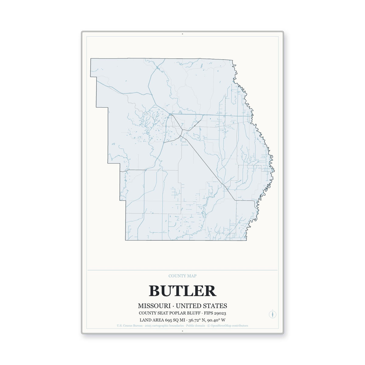 Butler County, Missouri Map Aluminum Sign in Gallery Air style