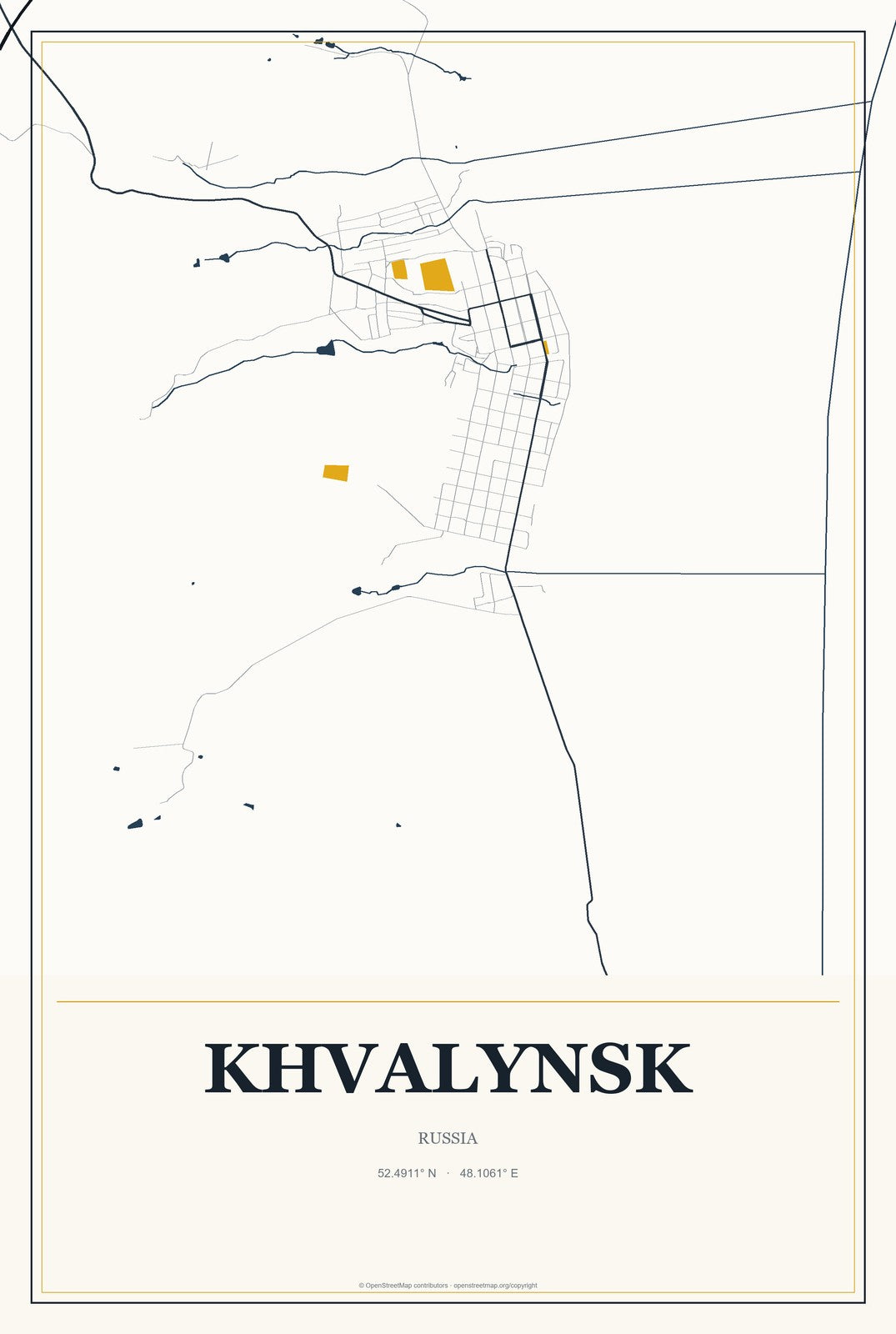 Khvalynsk, Russia City Map Aluminum Sign in Citrine Modern style