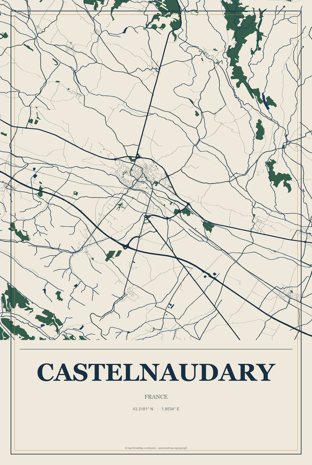 Castelnaudary, France City Map Aluminum Sign in Coastal Cutout style