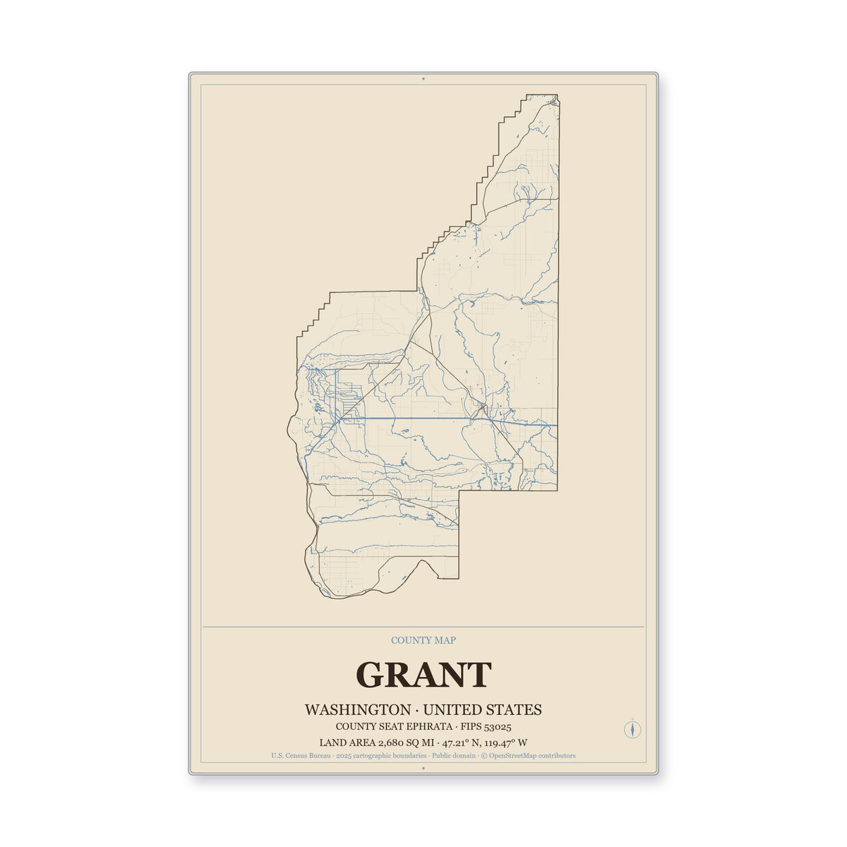 Grant County, Washington Map Aluminum Sign in Heritage Nautical style