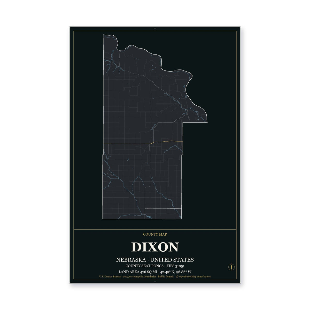 Dixon County, Nebraska Map Aluminum Sign in Metropolitan Noir style
