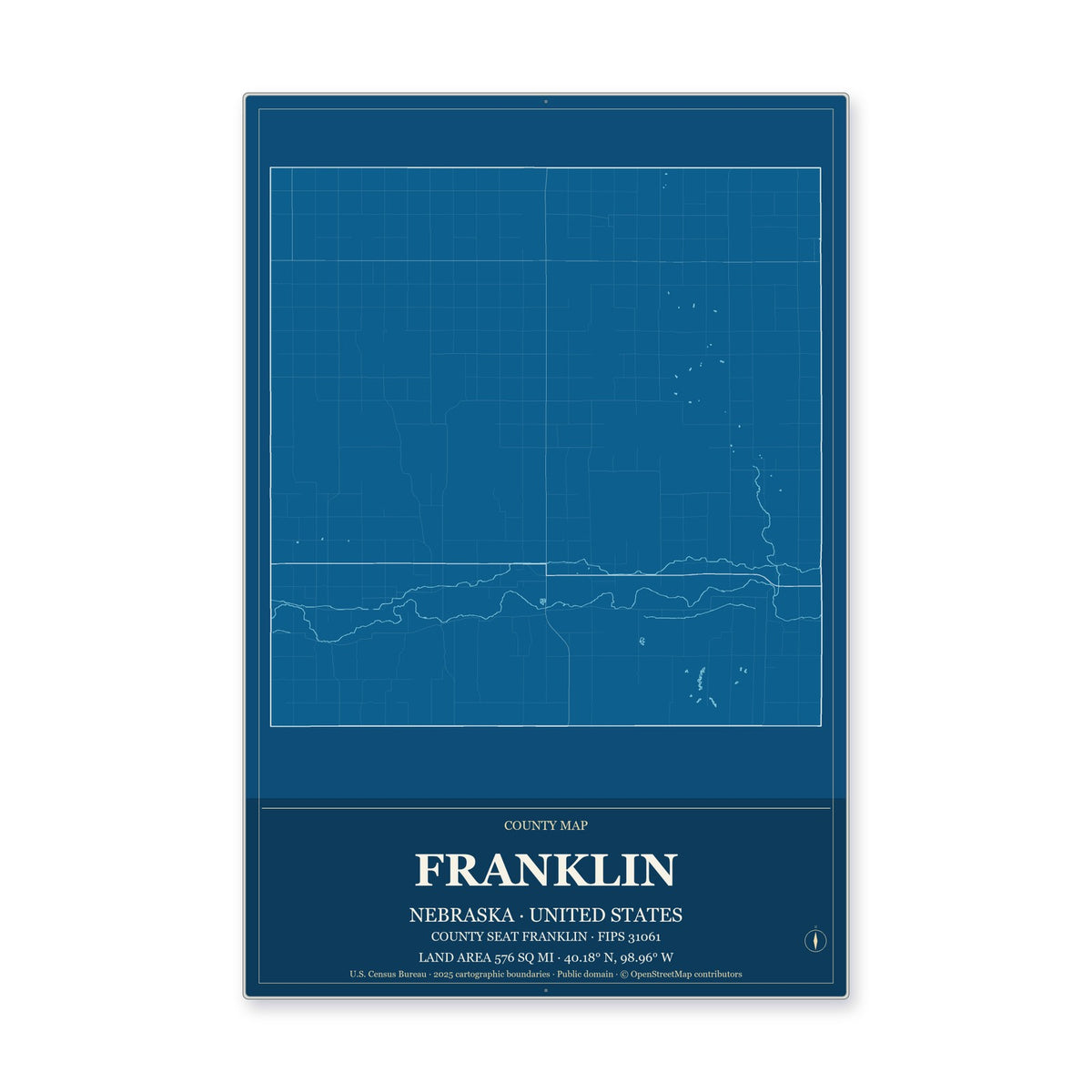 Franklin County, Nebraska Map Aluminum Sign in Harbor Cobalt style