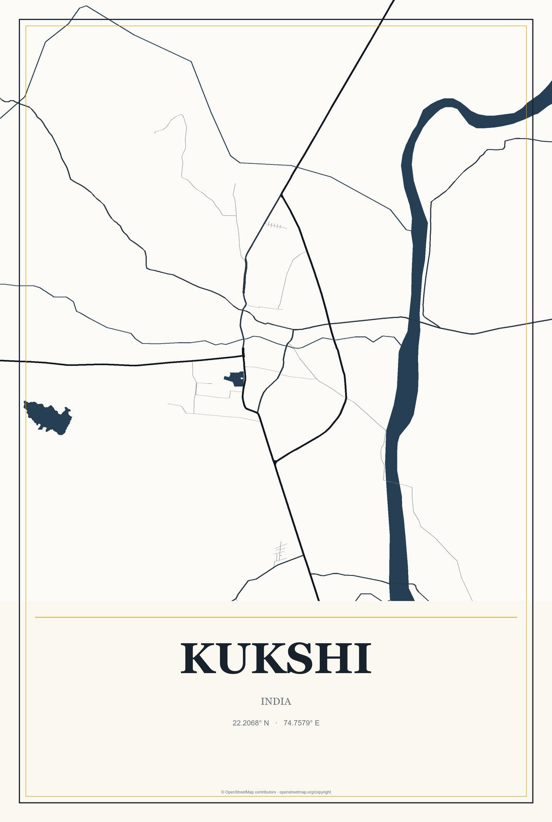Kukshi, India City Map Aluminum Sign in Citrine Modern style