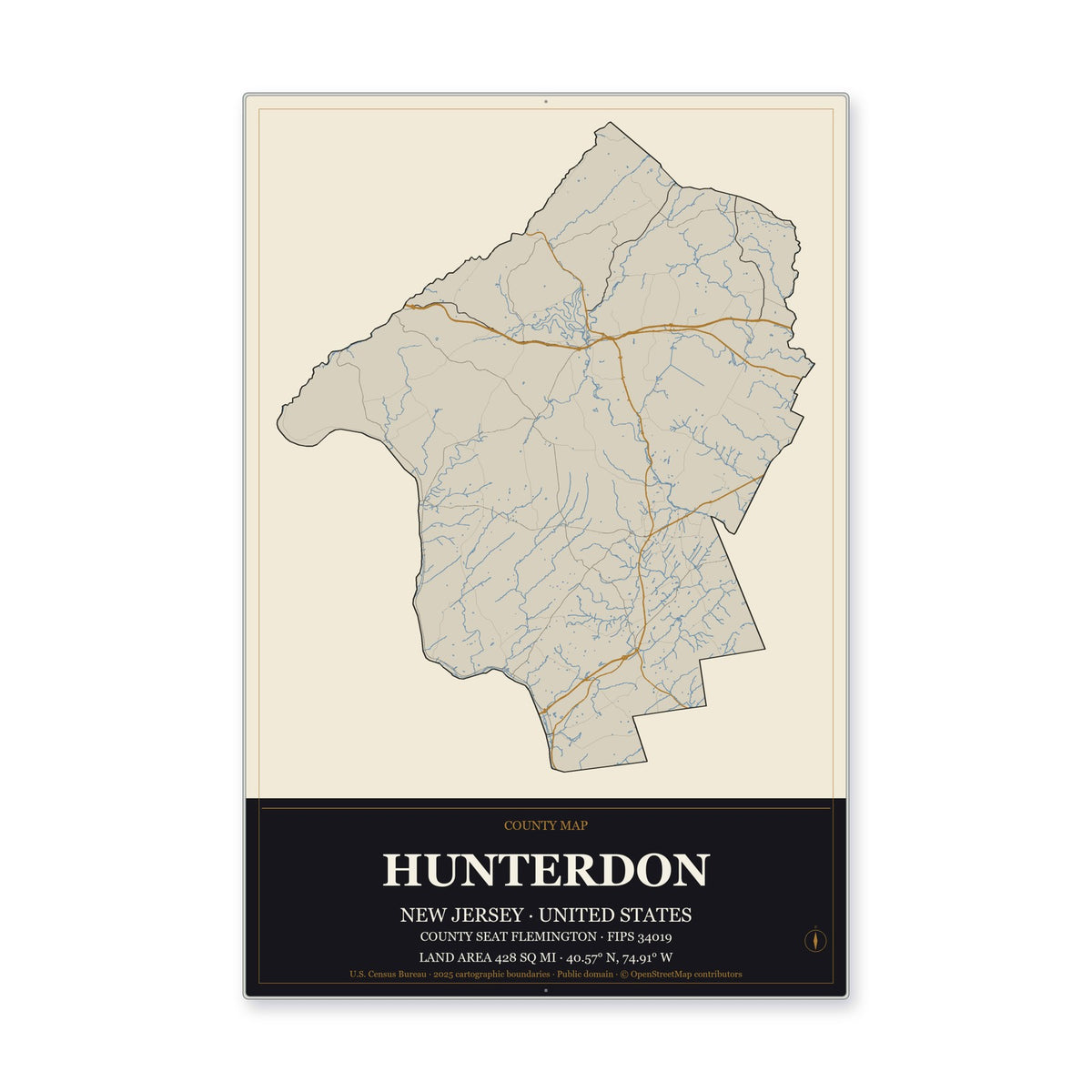 Hunterdon County, New Jersey Map Aluminum Sign in Museum Plaque style