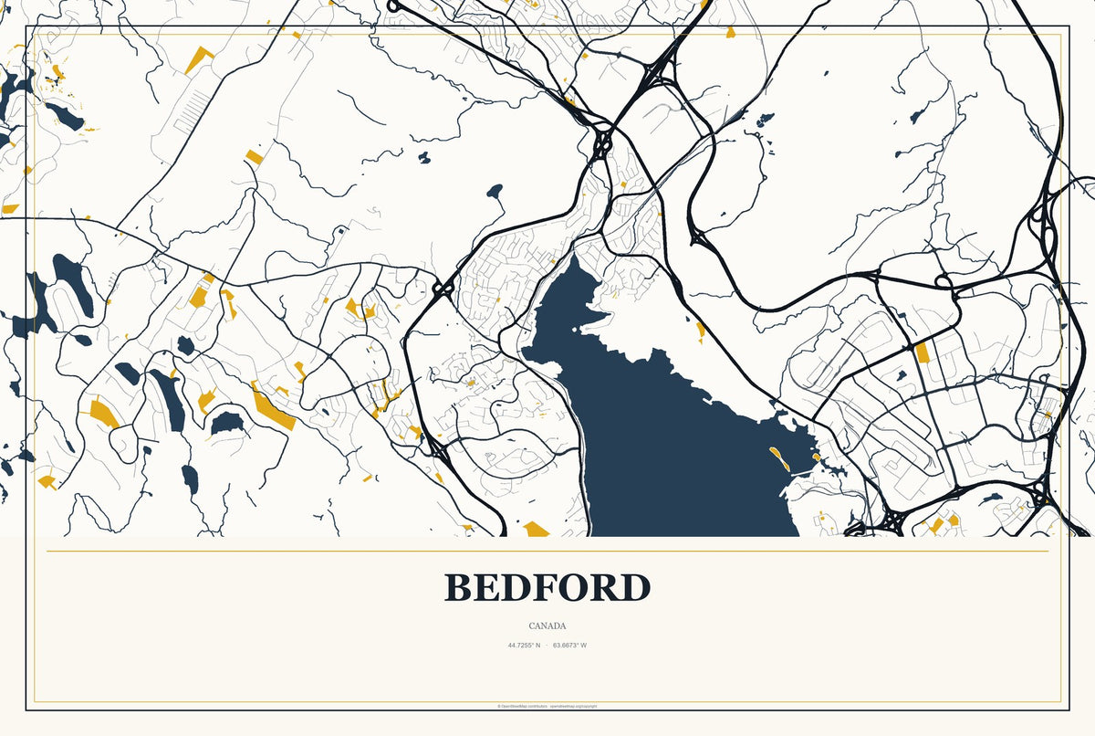 Bedford, Canada City Map Aluminum Sign in Citrine Modern style
