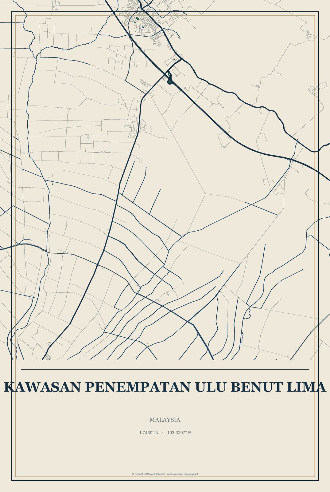 Kawasan Penempatan Ulu Benut Lima, Malaysia City Map Aluminum Sign in Coastal Cutout style
