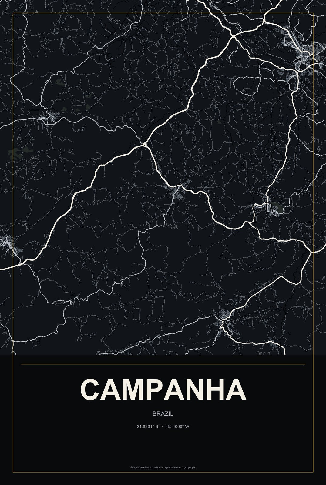 Campanha, Brazil City Map Aluminum Sign in Metropolitan Noir style