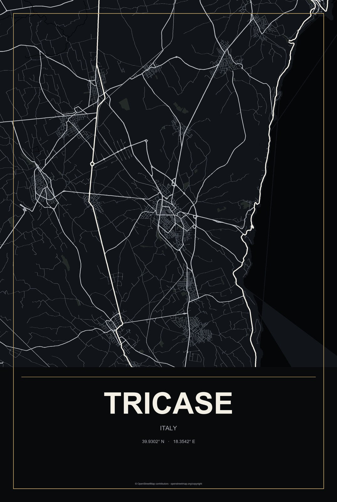 Tricase, Italy City Map Aluminum Sign in Metropolitan Noir style