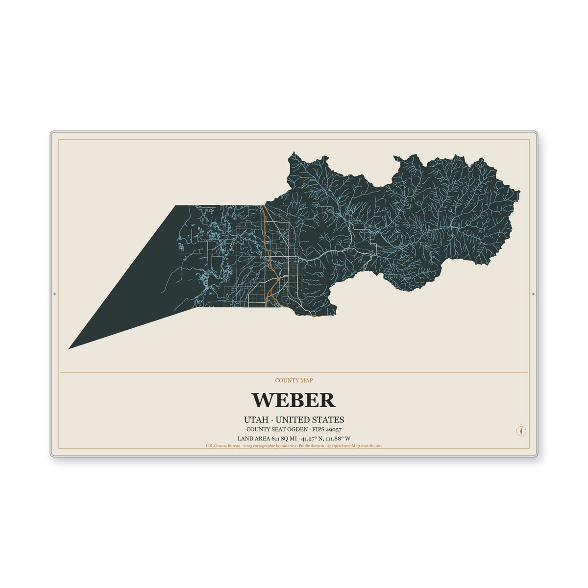 Weber County, Utah Map Aluminum Sign in Headline Atlas style