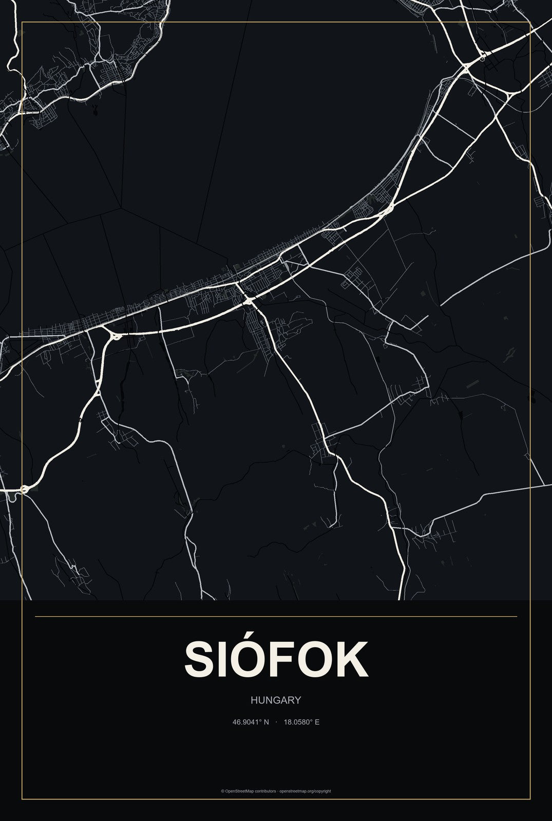 Siófok, Hungary City Map Aluminum Sign in Metropolitan Noir style