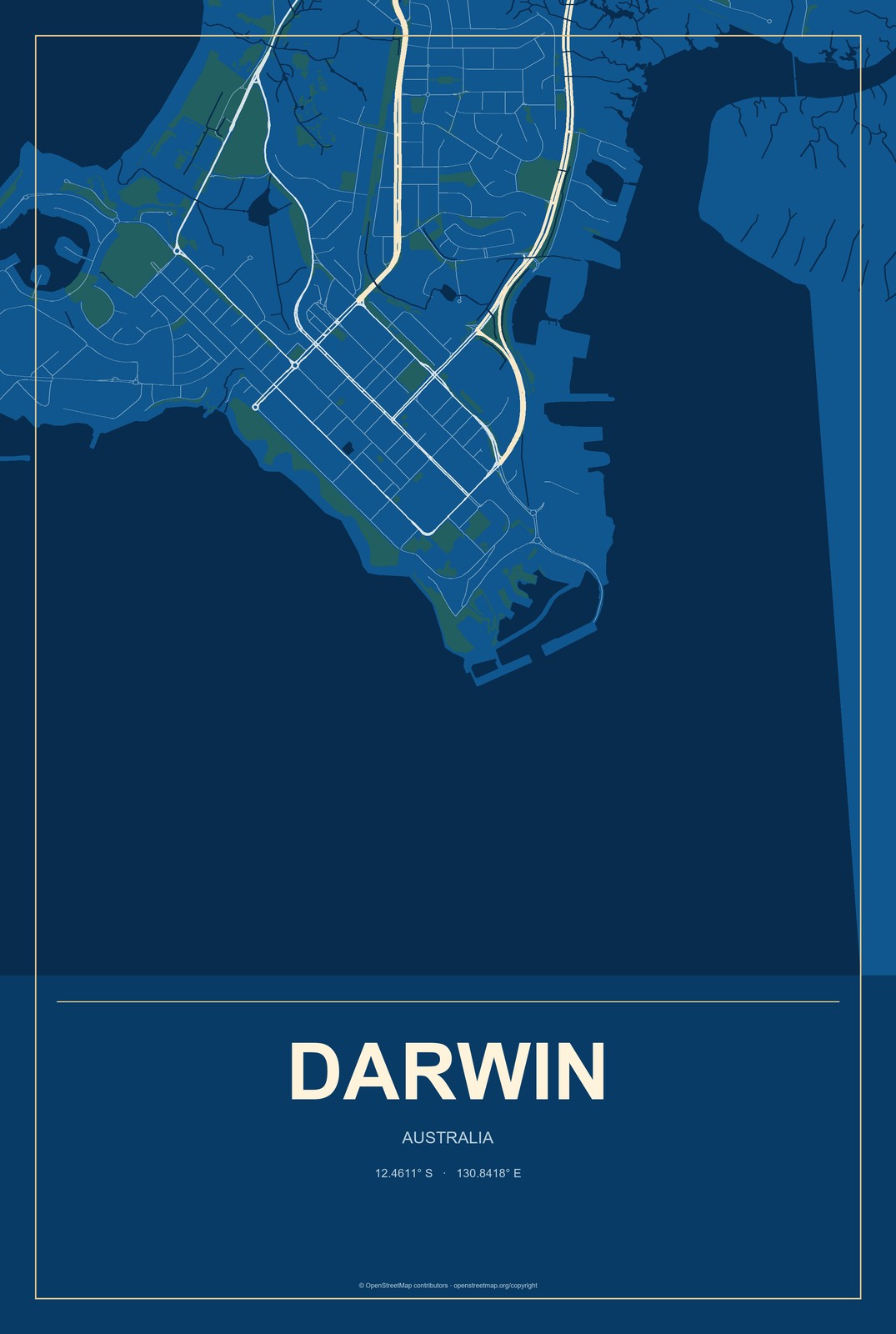 Darwin, Australia City Map Aluminum Sign in Harbor Cobalt style