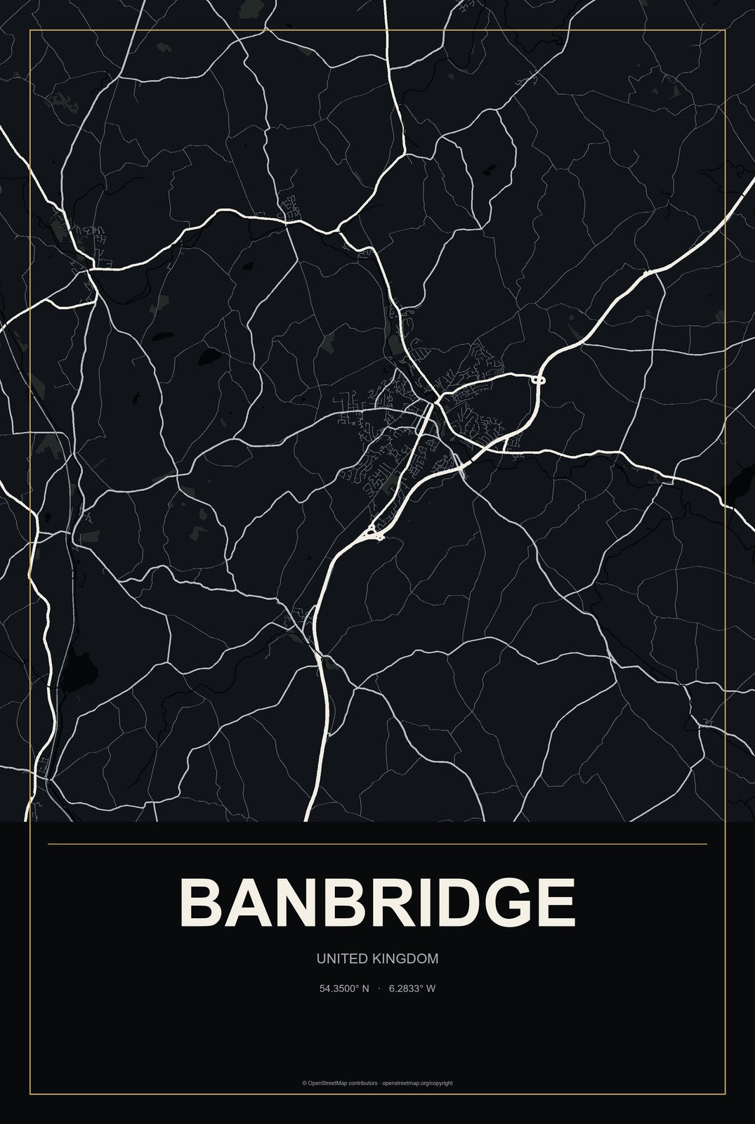 Banbridge, United Kingdom City Map Aluminum Sign in Metropolitan Noir style