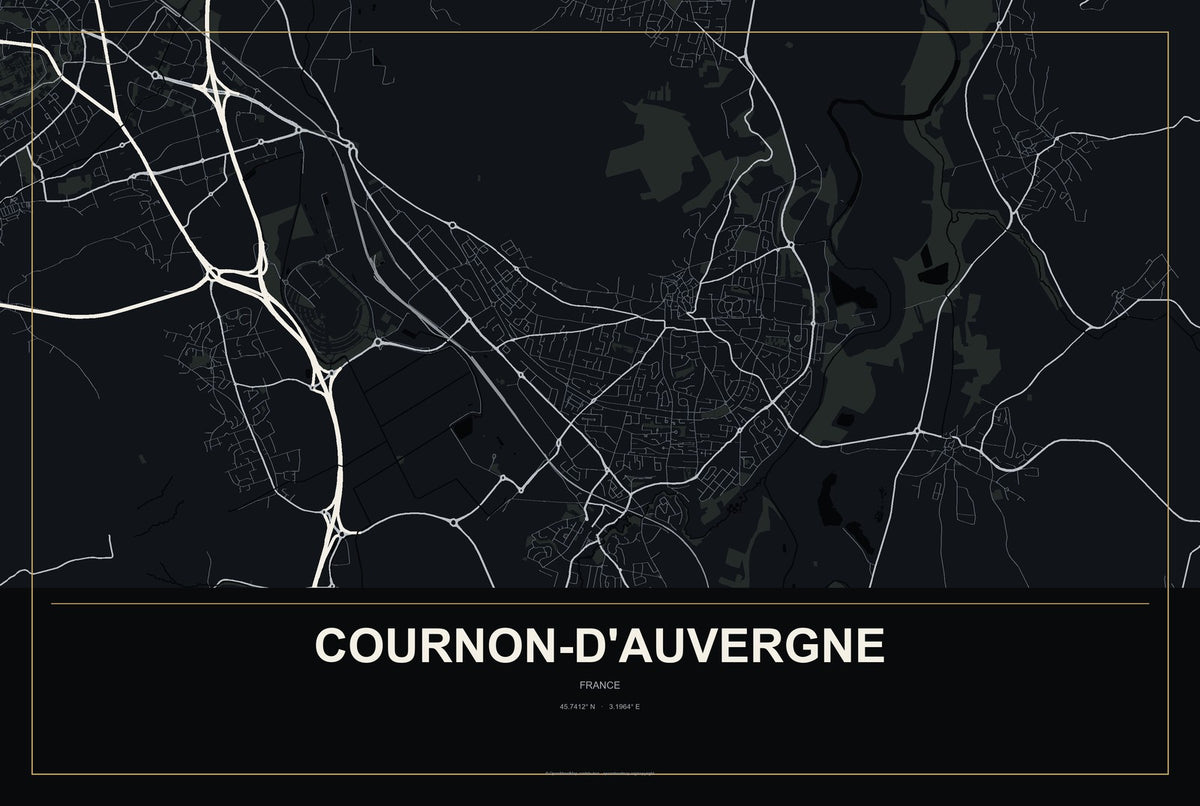 Cournon-d'Auvergne, France City Map Aluminum Sign in Metropolitan Noir style