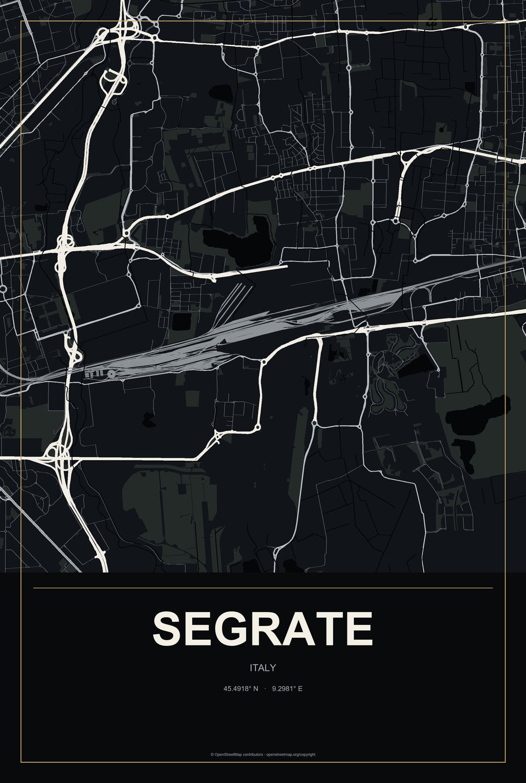 Segrate, Italy City Map Aluminum Sign in Metropolitan Noir style