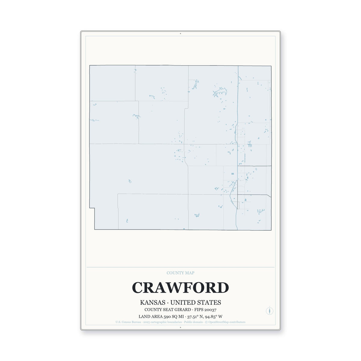 Crawford County, Kansas Map Aluminum Sign in Gallery Air style
