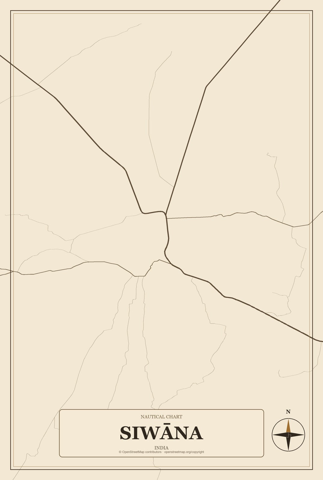 Siwāna, India City Map Aluminum Sign in Heritage Nautical style