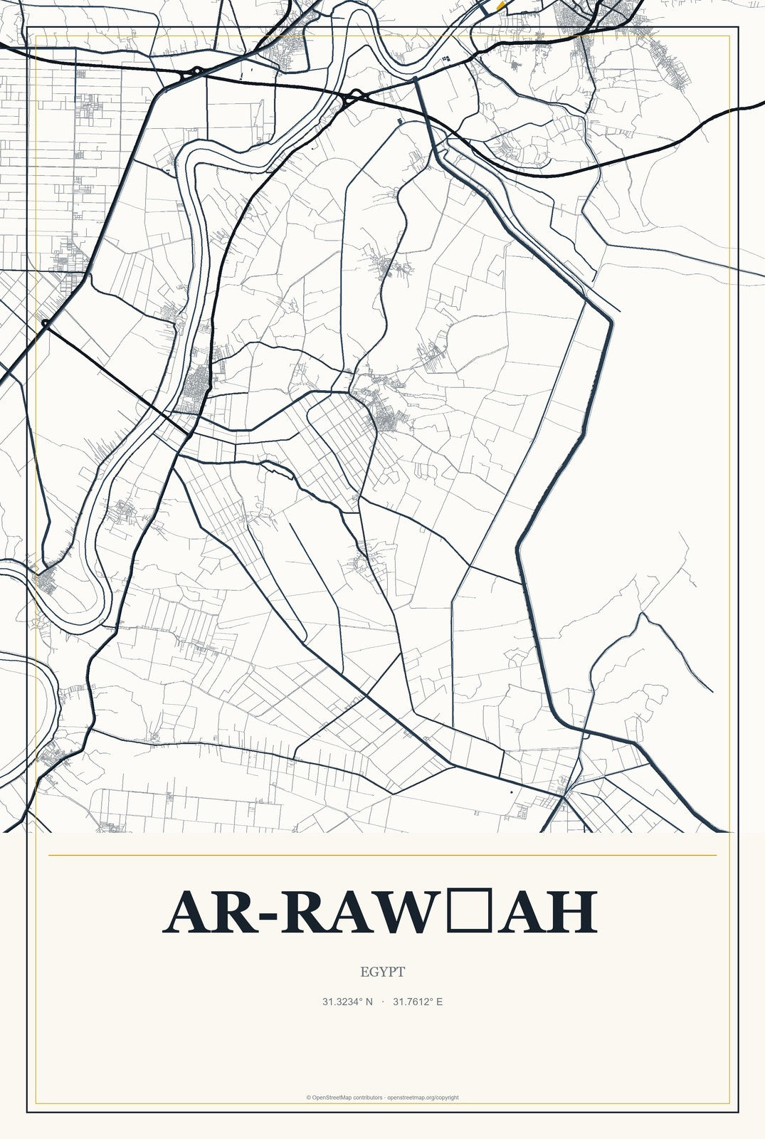 Ar-Rawḍah, Egypt City Map Aluminum Sign in Citrine Modern style