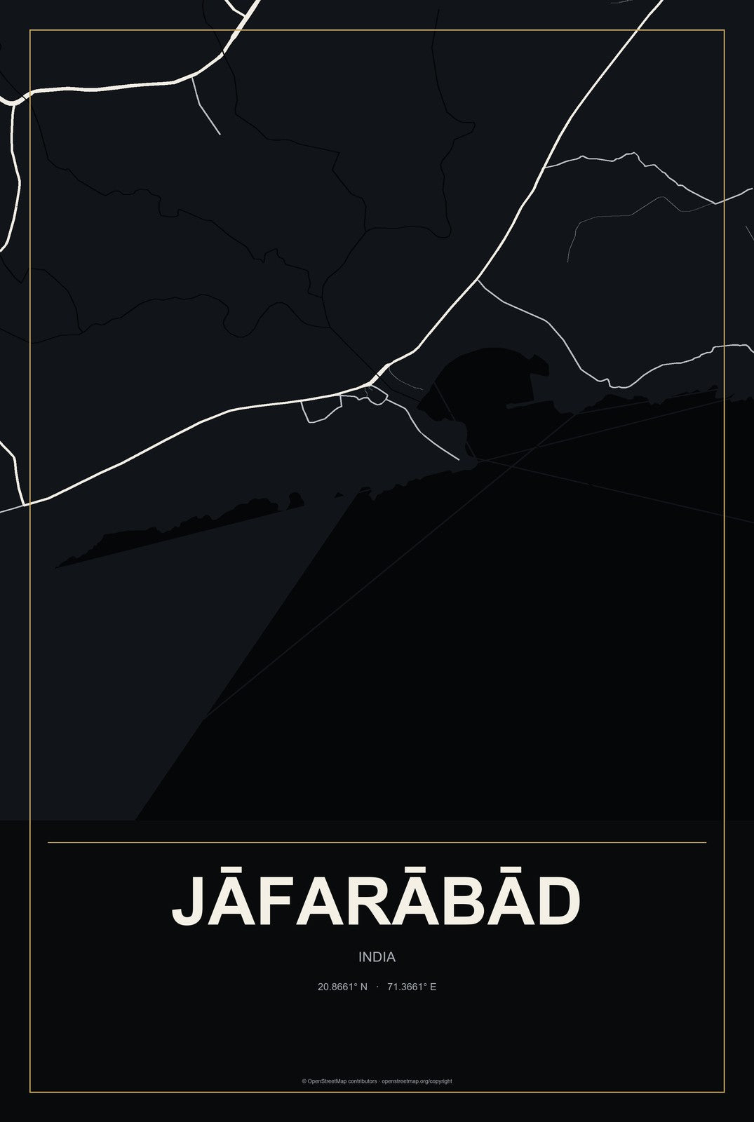 Jāfarābād, India City Map Aluminum Sign in Metropolitan Noir style